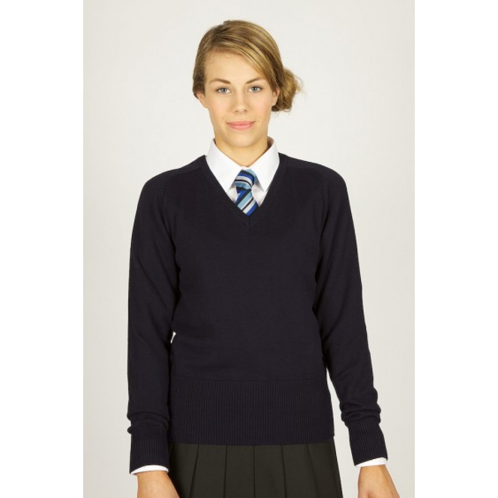 Girls navy cotton V neck sweater U Design Embroidery